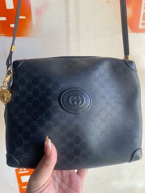 Gucci Black GG monogram canvas, Embossed logo Crossbody Bag with Gold Charm